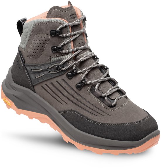 Grijze wandelschoen met roze accenten, veters en Vibram zool.