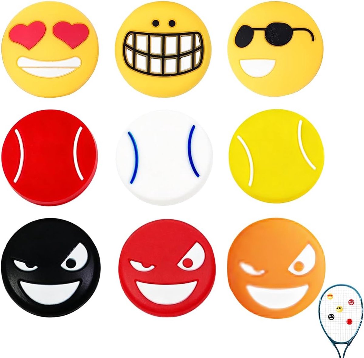 Tennis dempers set van 9 - silicone smiley design - vermindert trillingen - optimaal controle en ritme - ShopVlot