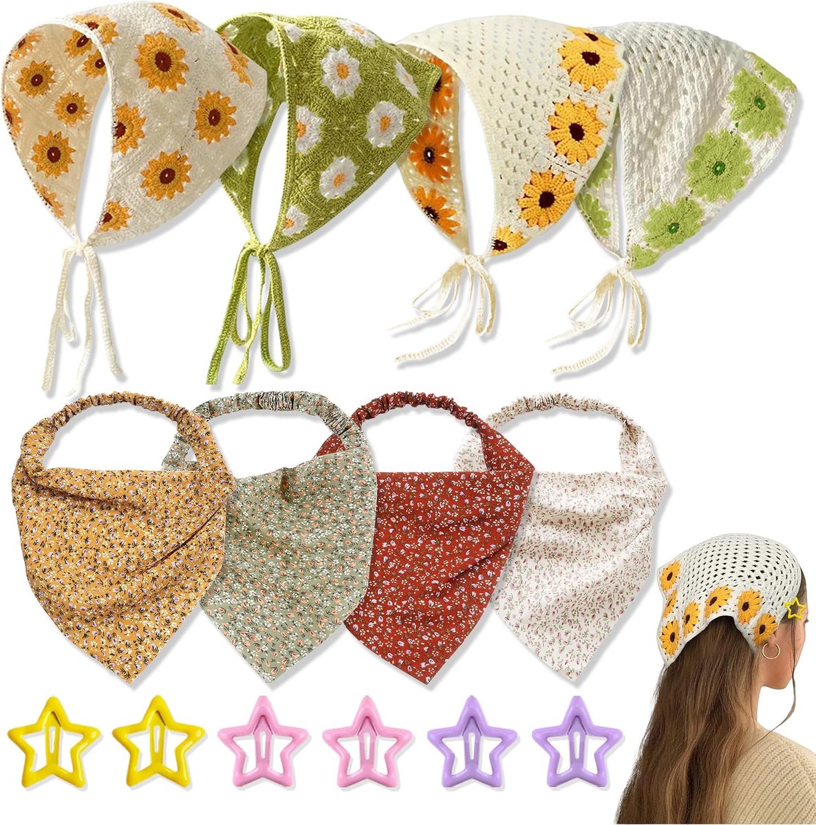 Triangular Headscarf Ladies, 8 Flowers Triangular Hair Wraps and 6 Star Hairpins, Floral Vintage Floral Hair Bands - ShopVlot
