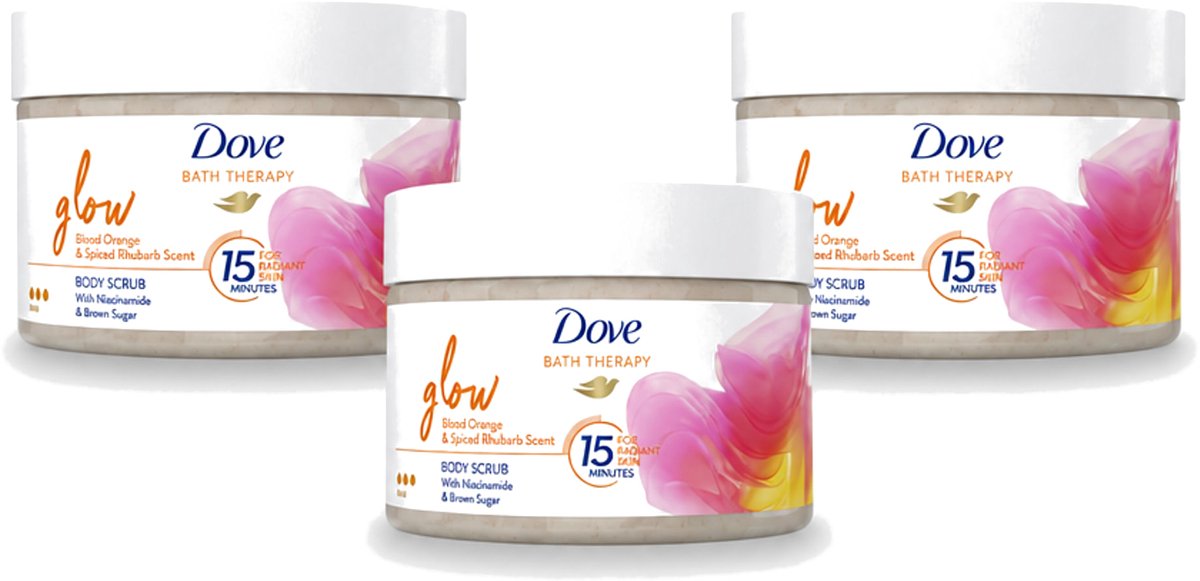 3 x Dove Bath Therapy Glow - Bodyscrub - Bloedsinaasappel & Rabarber - 295 ml - Voordeelverpakking - 3 stuks