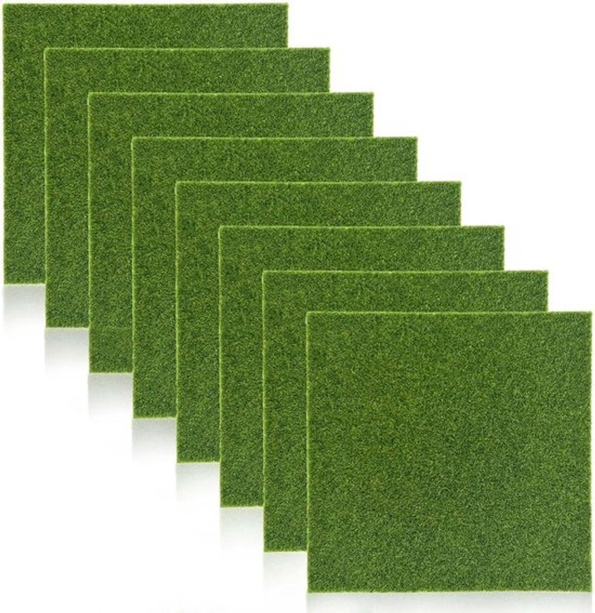 Miniatuurset met kunstgras - Knutseltafelgazon - Poppenhuisdecoratie - Set van acht stuks - 15 x 15 cm - Groen