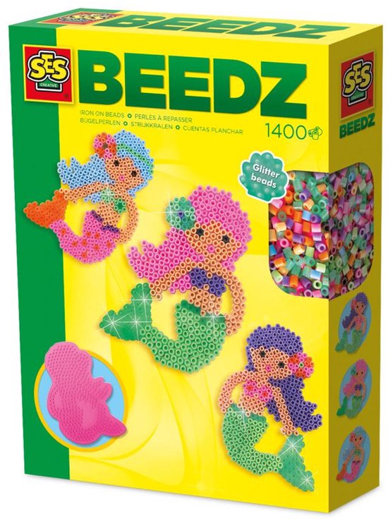 Boîte SES Beedz avec 1400 perles à repasser scintillantes. Image de 3 sirènes faites de perles à repasser.
