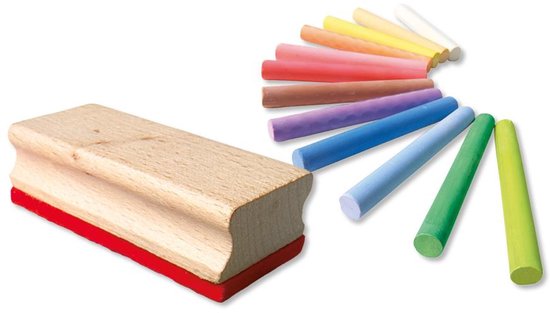 Brosse en bois avec bord rouge, à côté d'un éventail de craies aux couleurs vives.