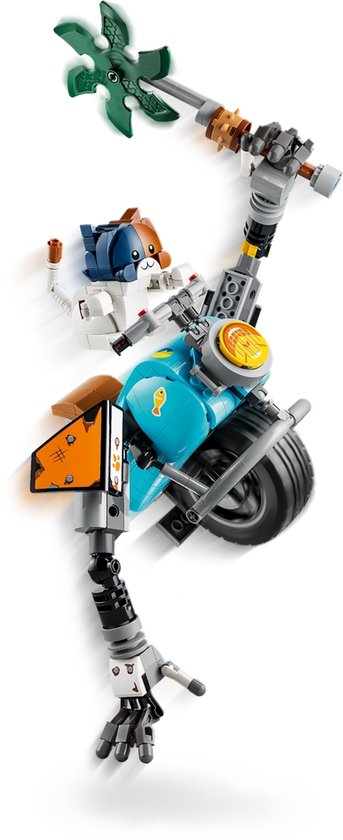 Robot LEGO Fortnite KIT avec moto bleue, flammes oranges, hache éolienne verte.