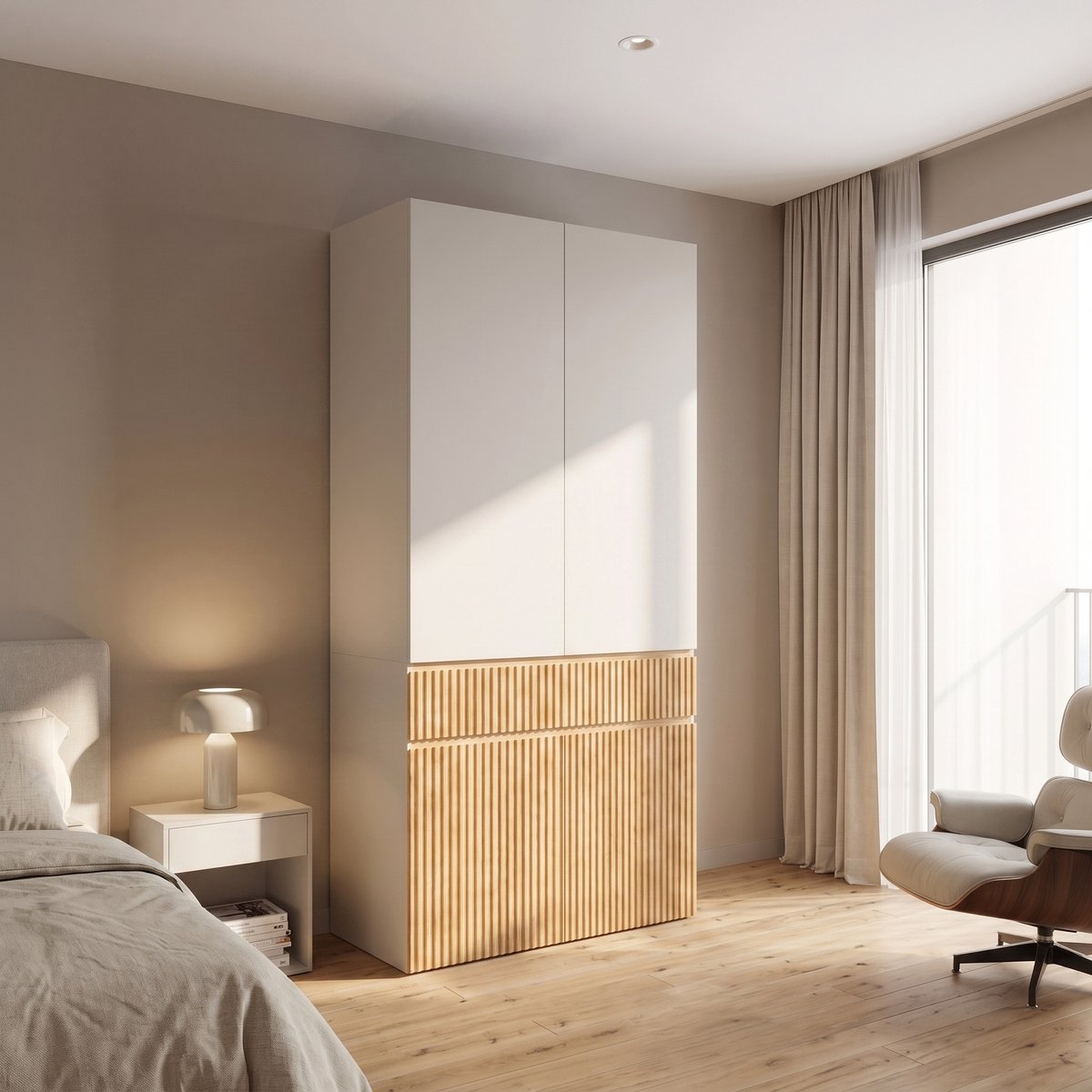 MIVRAY Kledingkast - Hangstang Lade En Vier Deuren - voor Slaapkamer en Hal - MDF en Spaanplaat - 90x50x200 Cm - Lichtgrijs en Eikenkleur