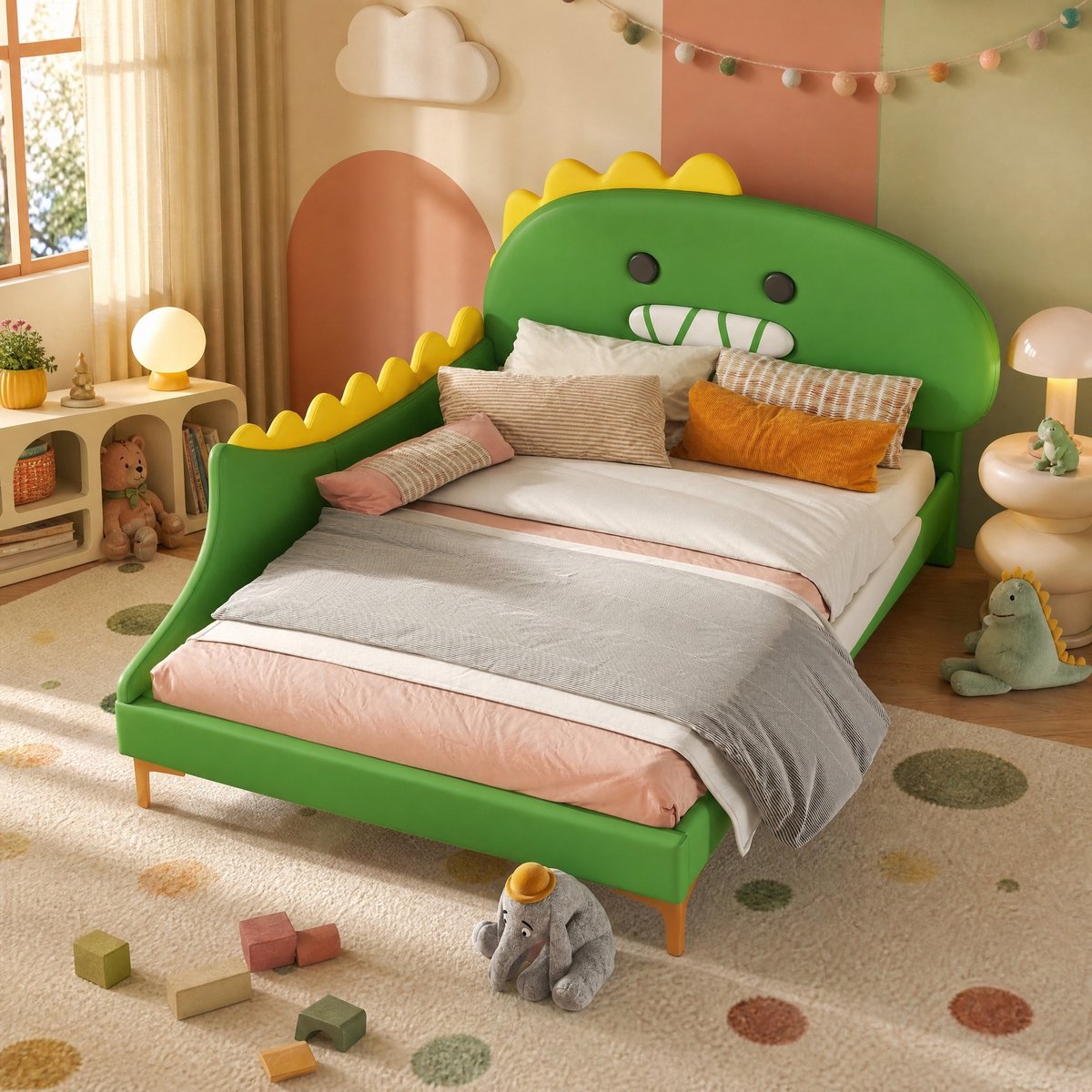 WUVRIE Kinderbed 140x200 cm met dinosaurusvormig hoofdbord en lattenbodem, groen