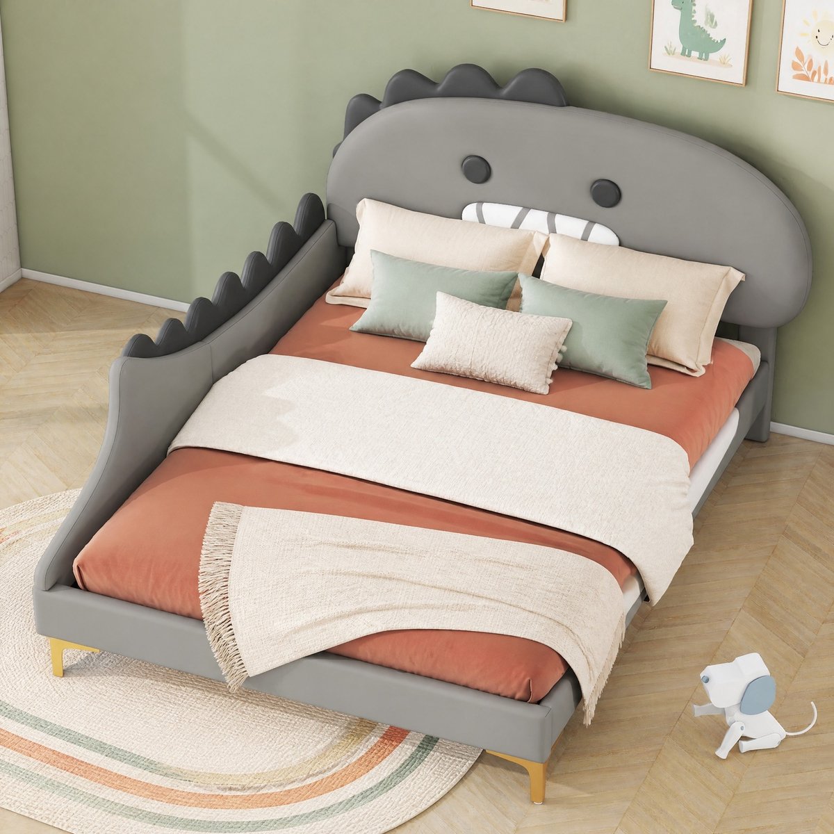 WUVRIE Kinderbed 140x200 cm met dinosaurusvormig hoofdbord, lattenbodem en PU-bekleding, grijs