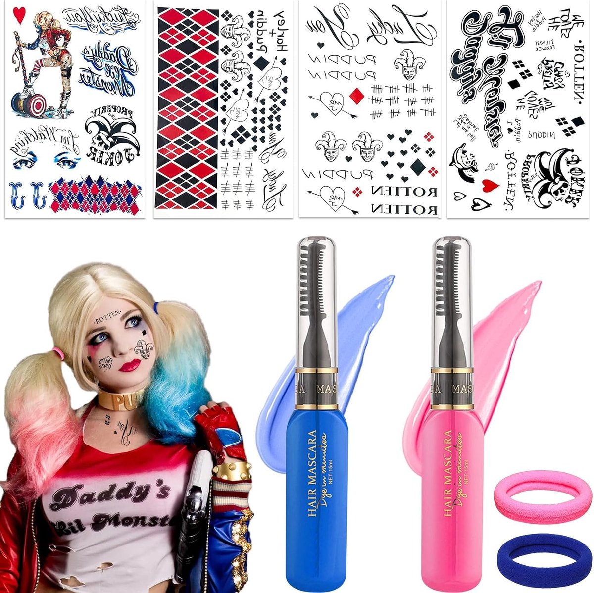 Tijdelijke tattoos voor volwassenen set met 2 haarkrijtjes en 2 haarelastiekjes Halloween make-upset Tattoo stickers Themafeest Cosplay Festival Kostuumaccessoires