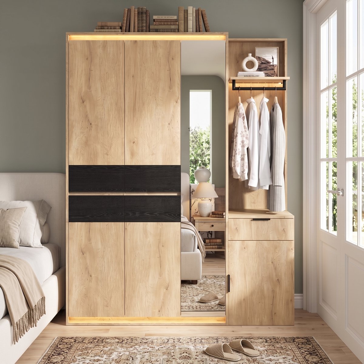 MIVRAY Kledingkast - Met Spiegel En Ledverlichting - Drie Kledingroedes En Vijf Laden - Voor Hal Of Slaapkamer - MDF - 155x47x200 Cm - Eik En Antraciet Eiken