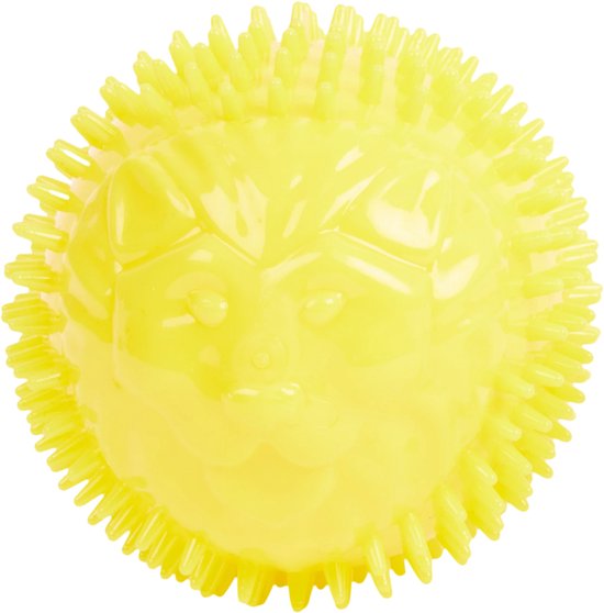 Gele stekelbal met gezicht van een egel. Gemaakt van TPR rubber.
