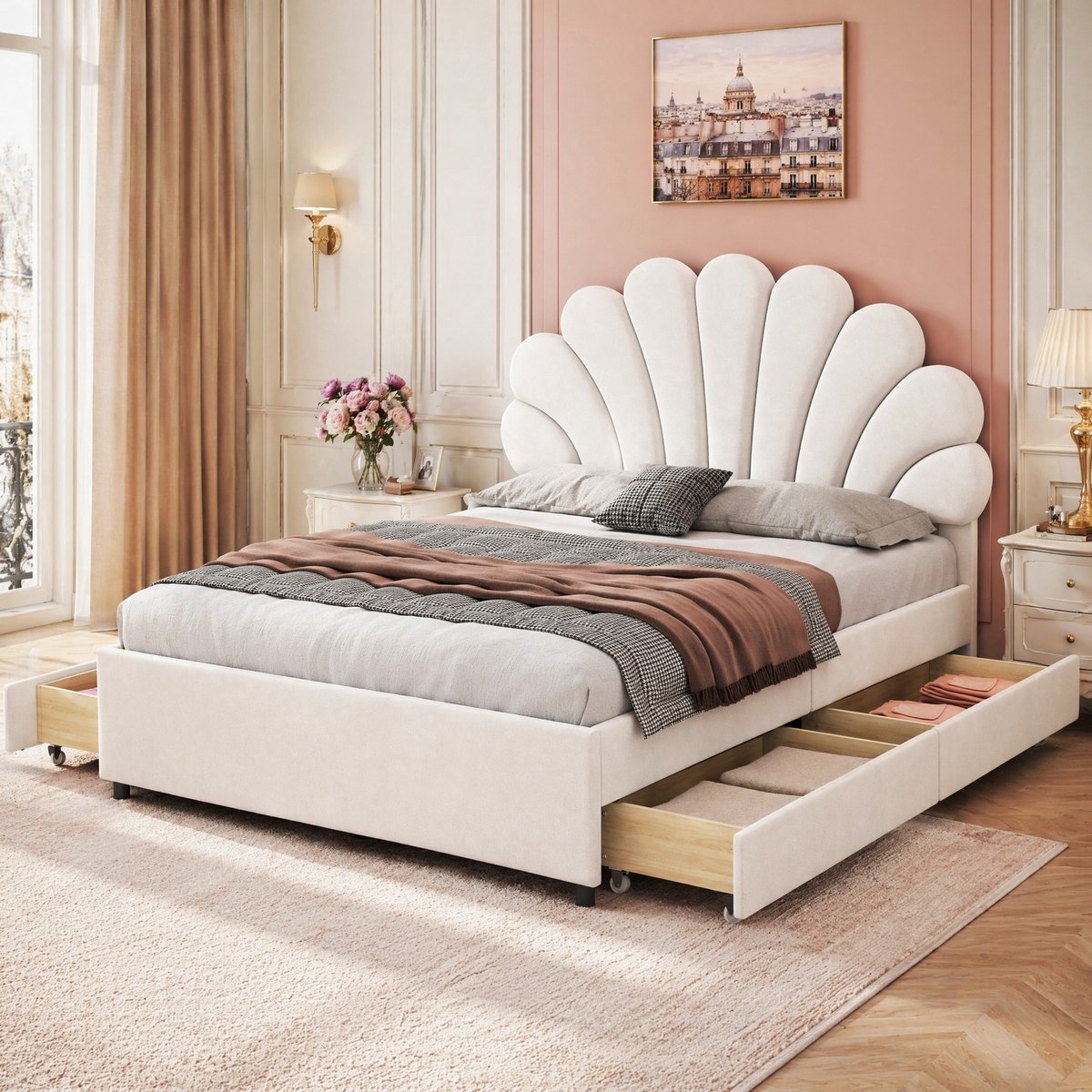 WUVRIE Gestoffeerd bed 140x200 cm met bloemvormig hoofdbord, lattenbodem en 4 lades, beige