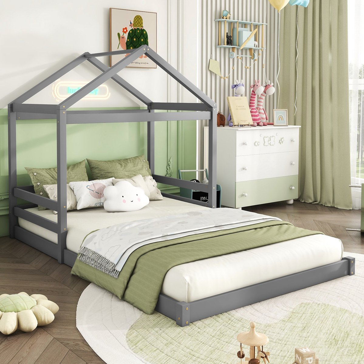 WUVRIE Kinderhuisbed 140x200 cm met lattenbodem, zonder matras, grijs