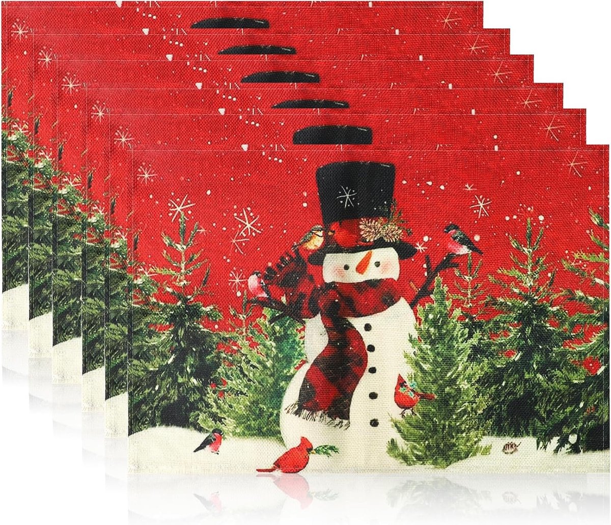 Set van 6 Wasbare Linnen Placemat voor Kerstmis met Sneeuwman en Rode Sjaals, Winter Tafeldecoratie (45 x 30 cm)
