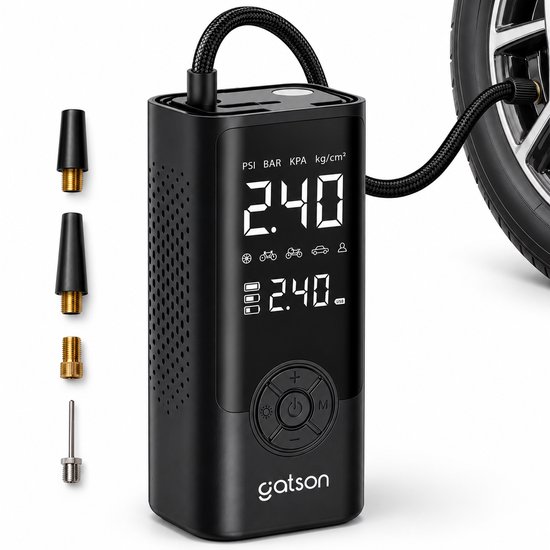 Zwarte draagbare luchtcompressor van Gatson met digitaal display dat 2.40 PSI aangeeft. Inclusief adapters voor auto, motor, fiets en bal.