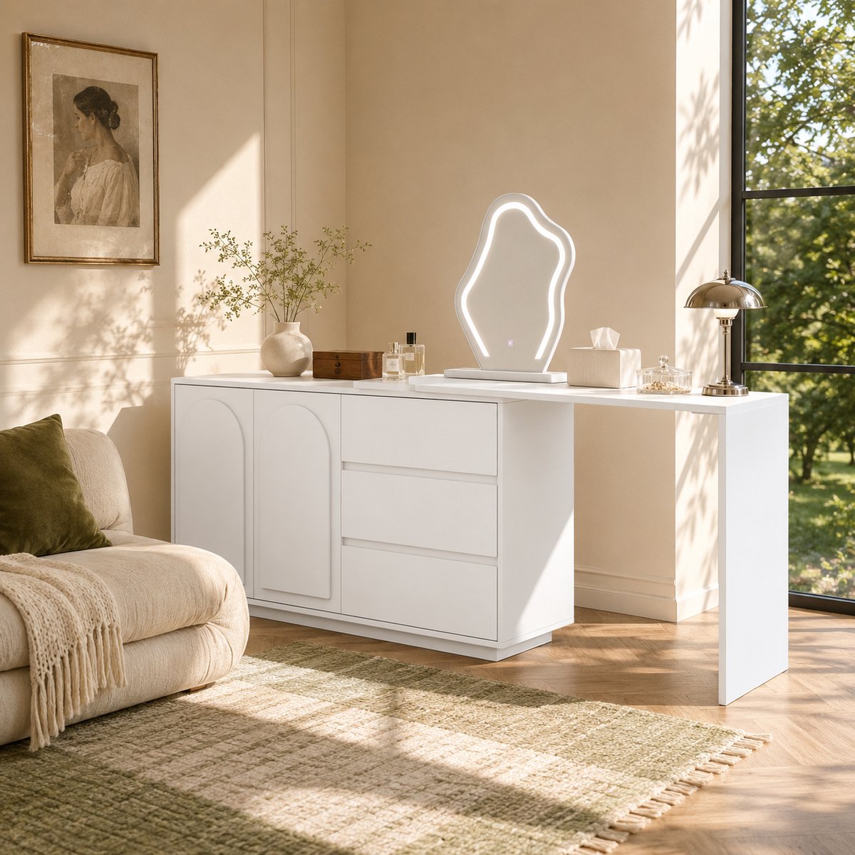 MIVRAY Kaptafel - Uitschuifbaar Tafelblad Met Ledspiegel En Drie Lichtkleuren - Voor Verzorging En Styling - Spaanplaat - Wit - 140x40x75 Cm