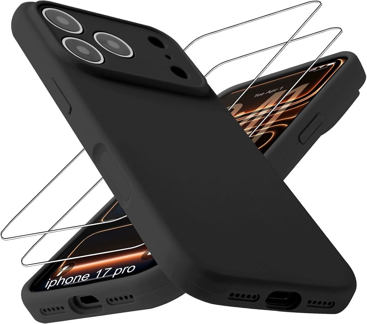 Slimme schokbestendige siliconen hoes voor iPhone 17 Pro met 2 geharde glazen schermbeschermers - Zwart, Bescherming en Stijl in Één