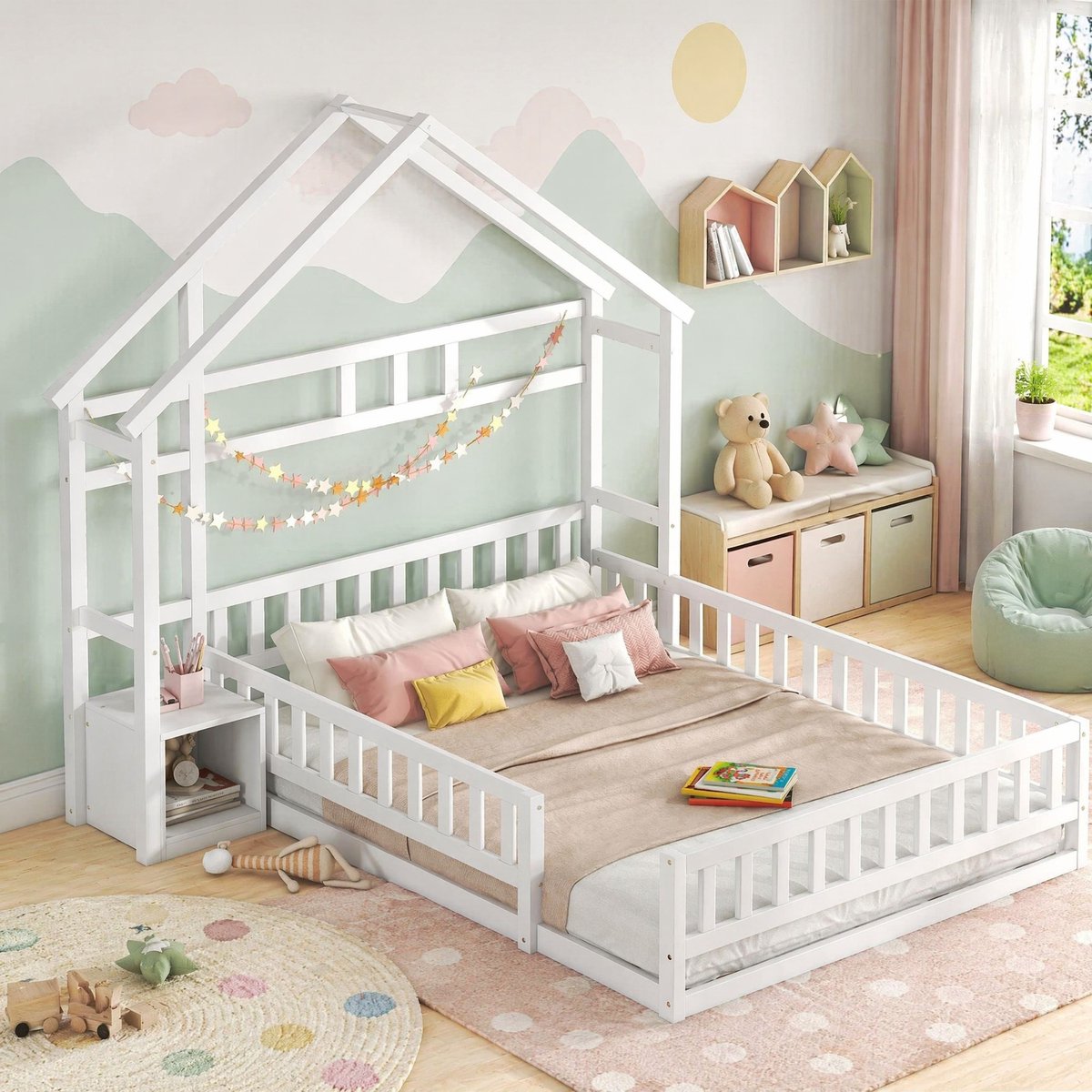 WUVRIE Kinderhuisbed 140x200 cm met valbeveiliging, lattenbodem en nachtkastje, wit