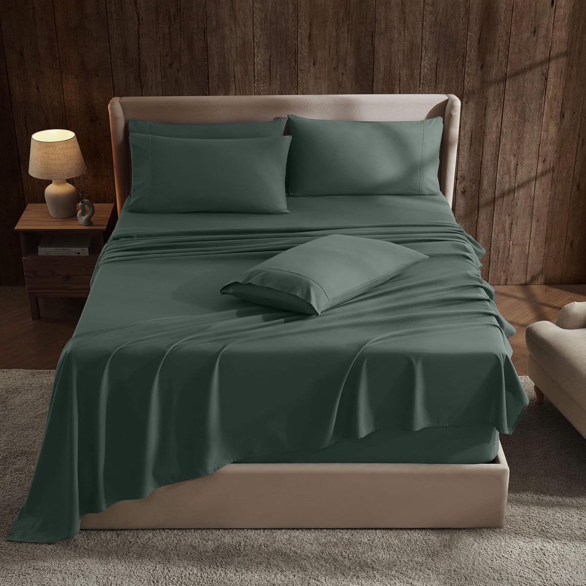 & Harbor Queen lakensets met extra hoge hoeken - geschikt voor matras 45-61 cm diep - extra hoge zakken - 6-delige queensize lakens - queensize lakens met diepe zak - bosgroen