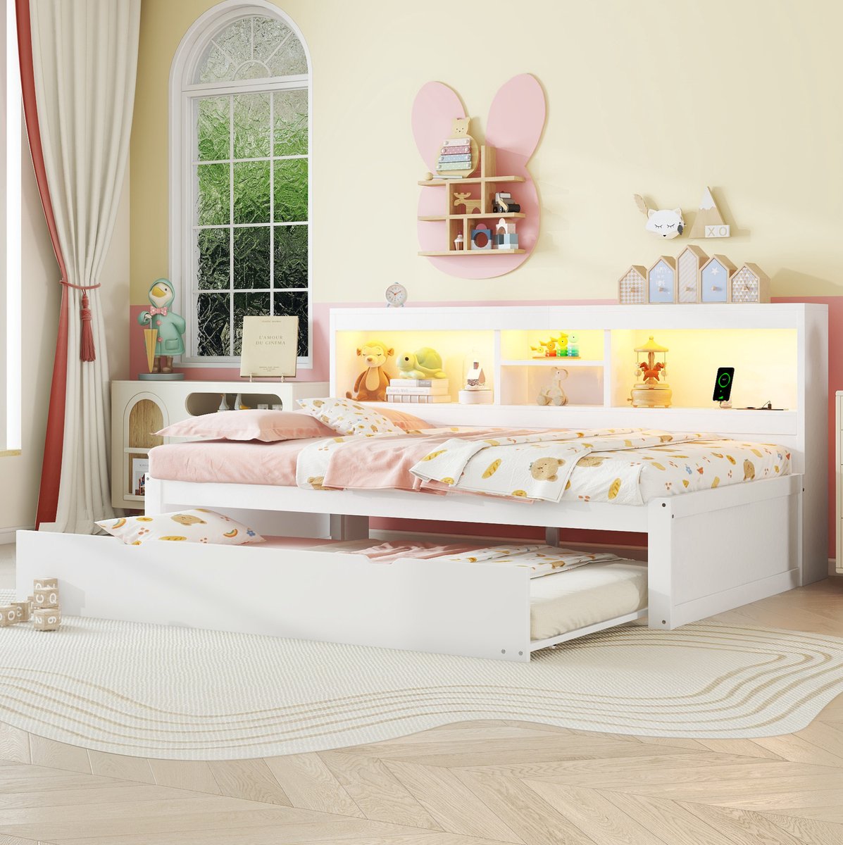 WUVRIE Kinderbed 90x200 cm met uitschuifbed, LED-verlichting, opbergruimte, USB en stopcontact, wit
