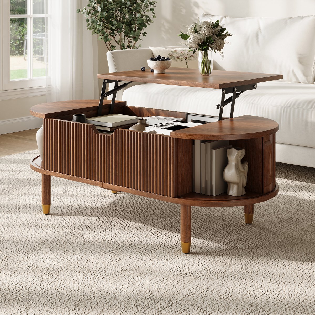 MIVRAY Salontafel - Hydraulisch In Hoogte Verstelbaar Met Verborgen Opbergruimte - Voor Woonkamer - MDF - Walnoot - 110x48x57 Cm