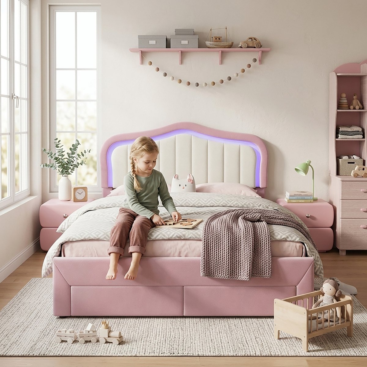 STILVORA Kinderbed 140x200 cm – Gestoffeerd Met Ledverlichting Via App – 2 Lades Aan Voeteneind – Zonder Matras – Fluweel – Roze
