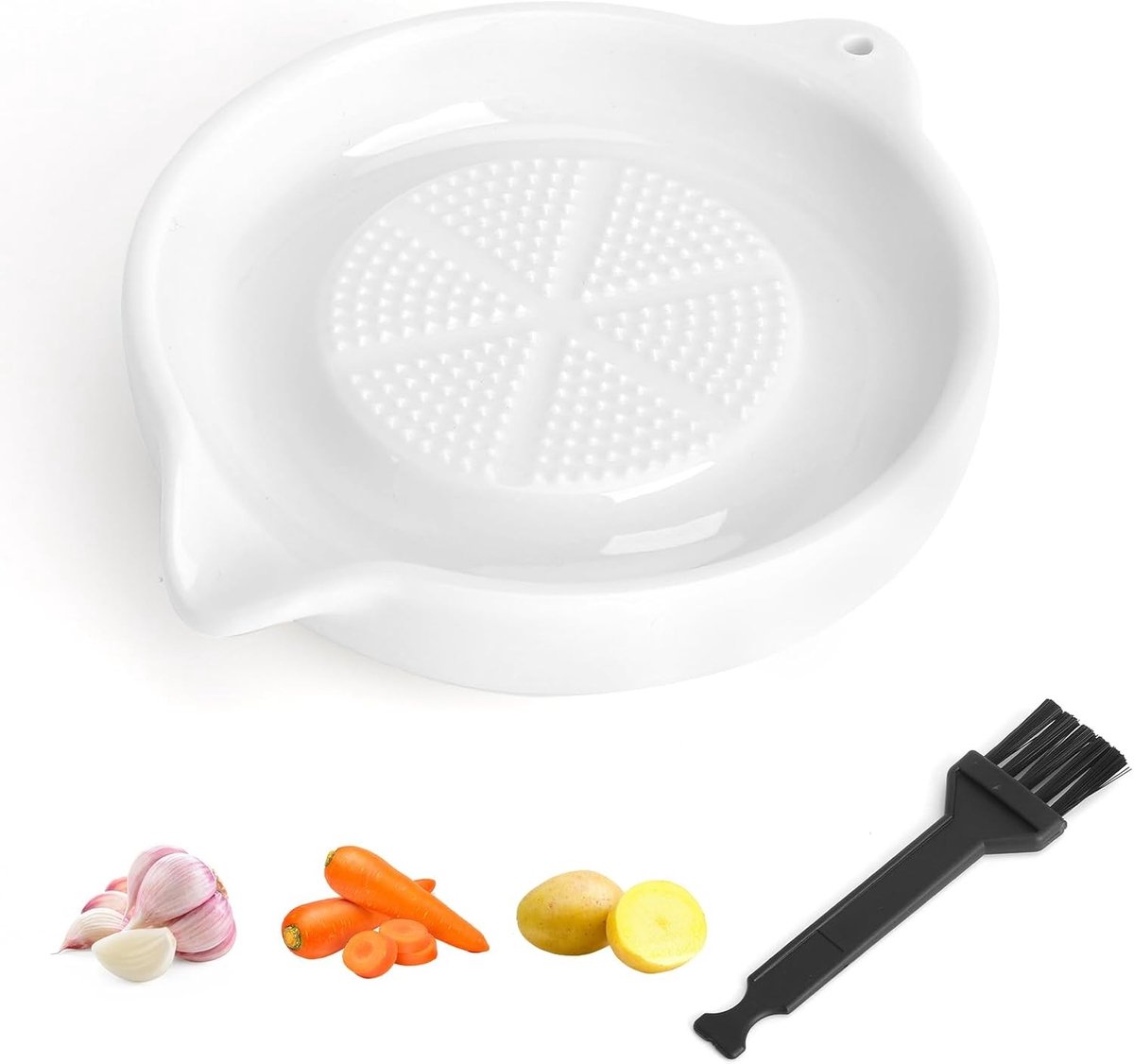 Circulaire keramische rasp voor gember en knoflook met borstel, ideaal voor groenten en specerijen, wit keramisch rasptableau voor keukengebruik