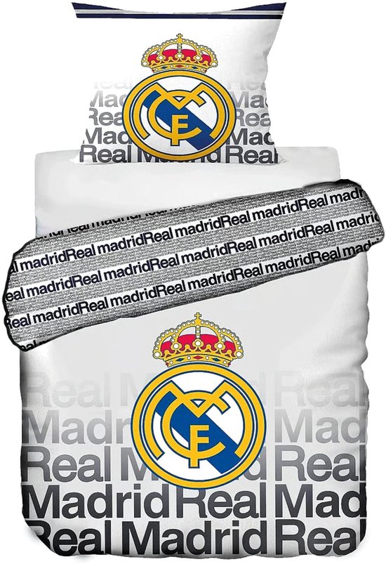 Wit dekbedovertrek met het Real Madrid logo en herhalende tekst 'Real Madrid'.