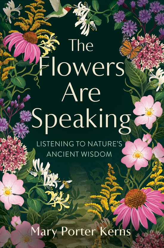 Boek 'The Flowers Are Speaking' met op de voorkant een illustratie van diverse bloemen, planten, een vlinder, bij en kolibrie. Tekst: 'The Flowers Are Speaking'.