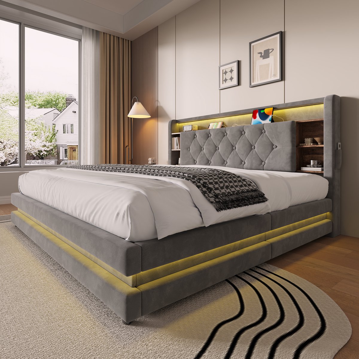 AURA LUMEN Gestoffeerd bed Tweepersoonsbed 160 x 200 cm Bed met opbergruimte Hydraulisch bed Bed met LED en USB Donkergrijs