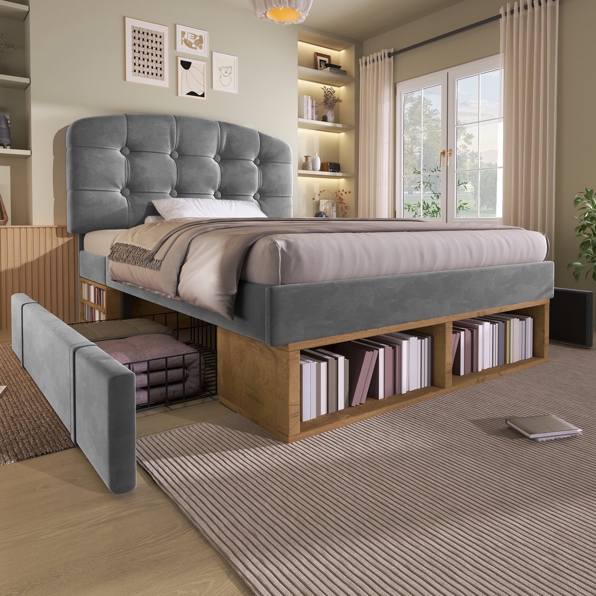 AURA LUMEN Gestoffeerd bed-Eenpersoonsbed-90 x 200 cm-Hoogteverstelbaar hoofdbord-Bed met lades-Grijs-Zonder matras