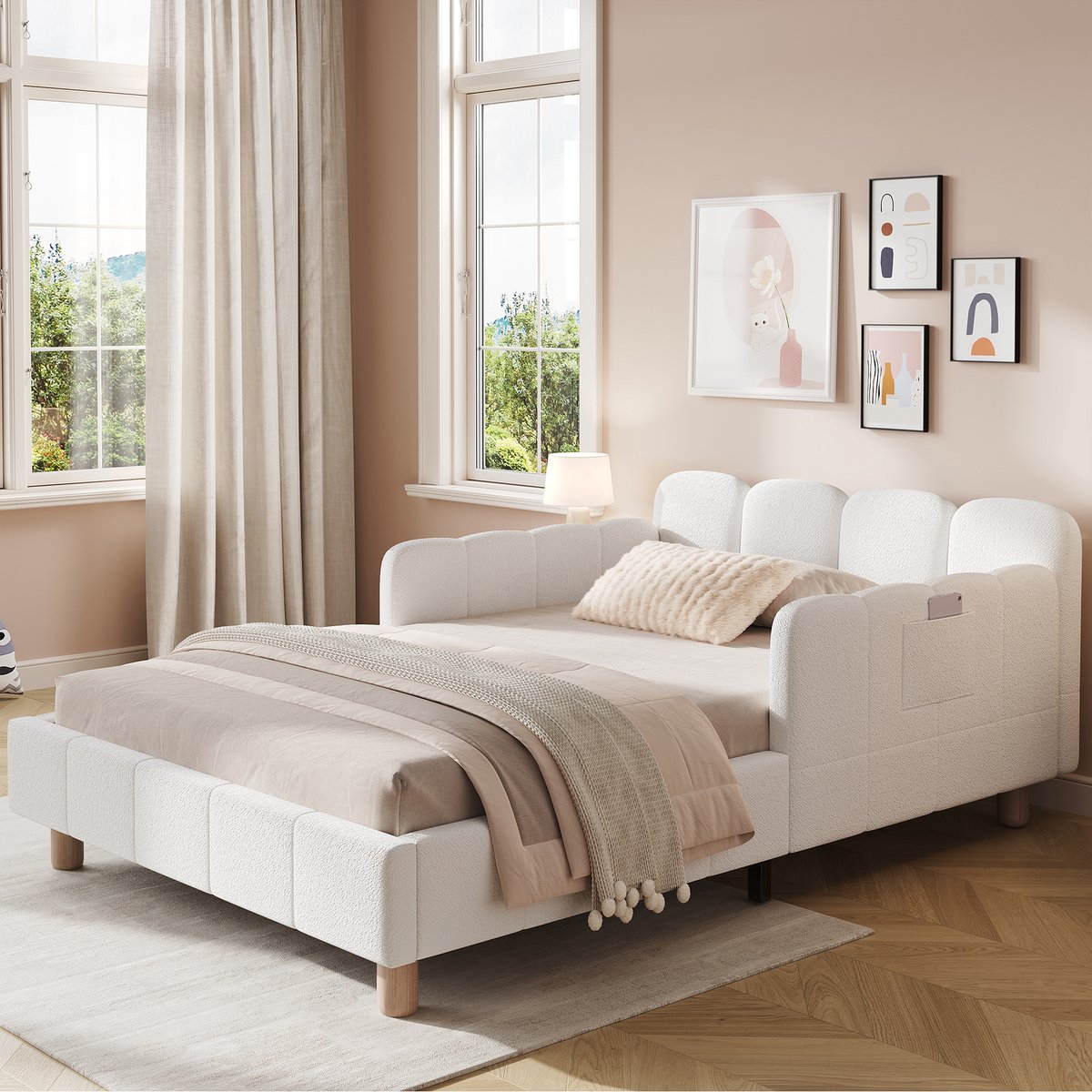 AURA LUMEN Gestoffeerd bed-Eenpersoonsbed-90 x 200 cm-Gepolst hoofdbord-Rausfallschutz-Bouclé-beige