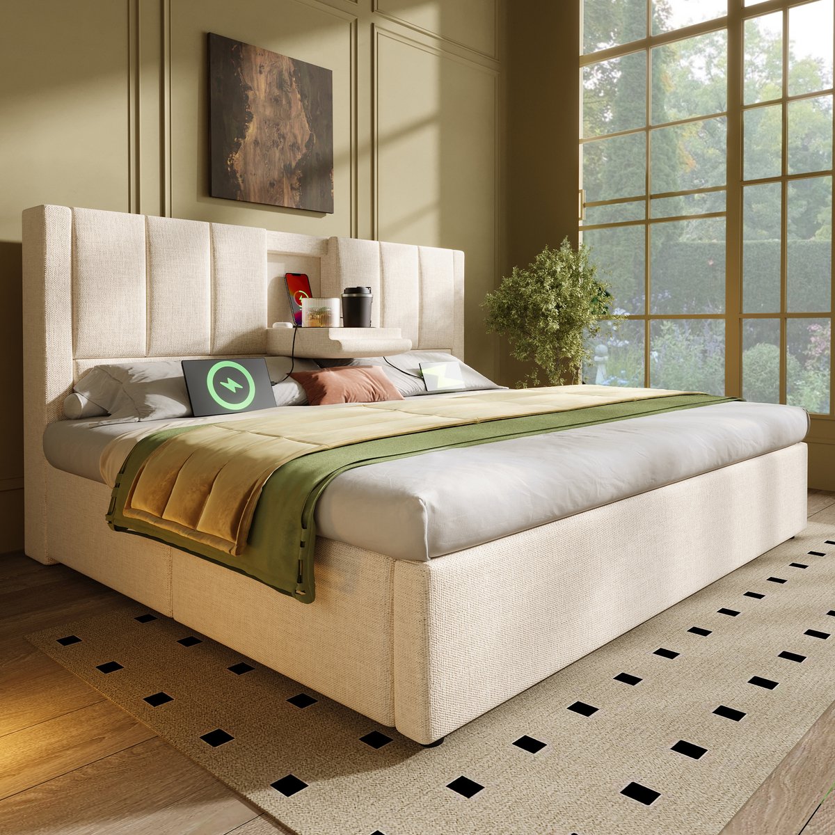 AURA LUMEN Gestoffeerd bed Twijfelaarbed 140 x 200 cm met opbergruimte hydraulisch bed met LED-vrije ladestation en becherhouder beige