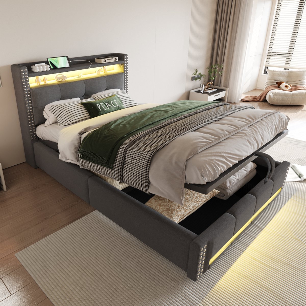 AURA LUMEN Gestoffeerd bed Eenpersoonsbed 90 x 200 cm met LED-verlichting en USB-poort op hoofdbord met hydraulisch opbergmechanisme in grijs