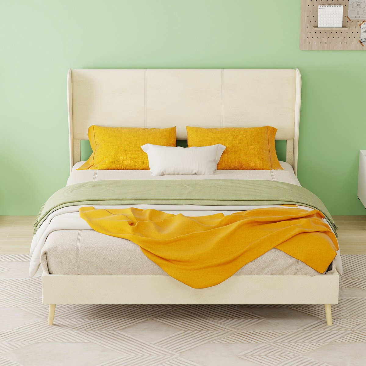 AURA LUMEN-Gestoffeerd bed-Twijfelaarbed-140 x 200 cm-Plush hoofdbord-Modern minimalistisch-Beige