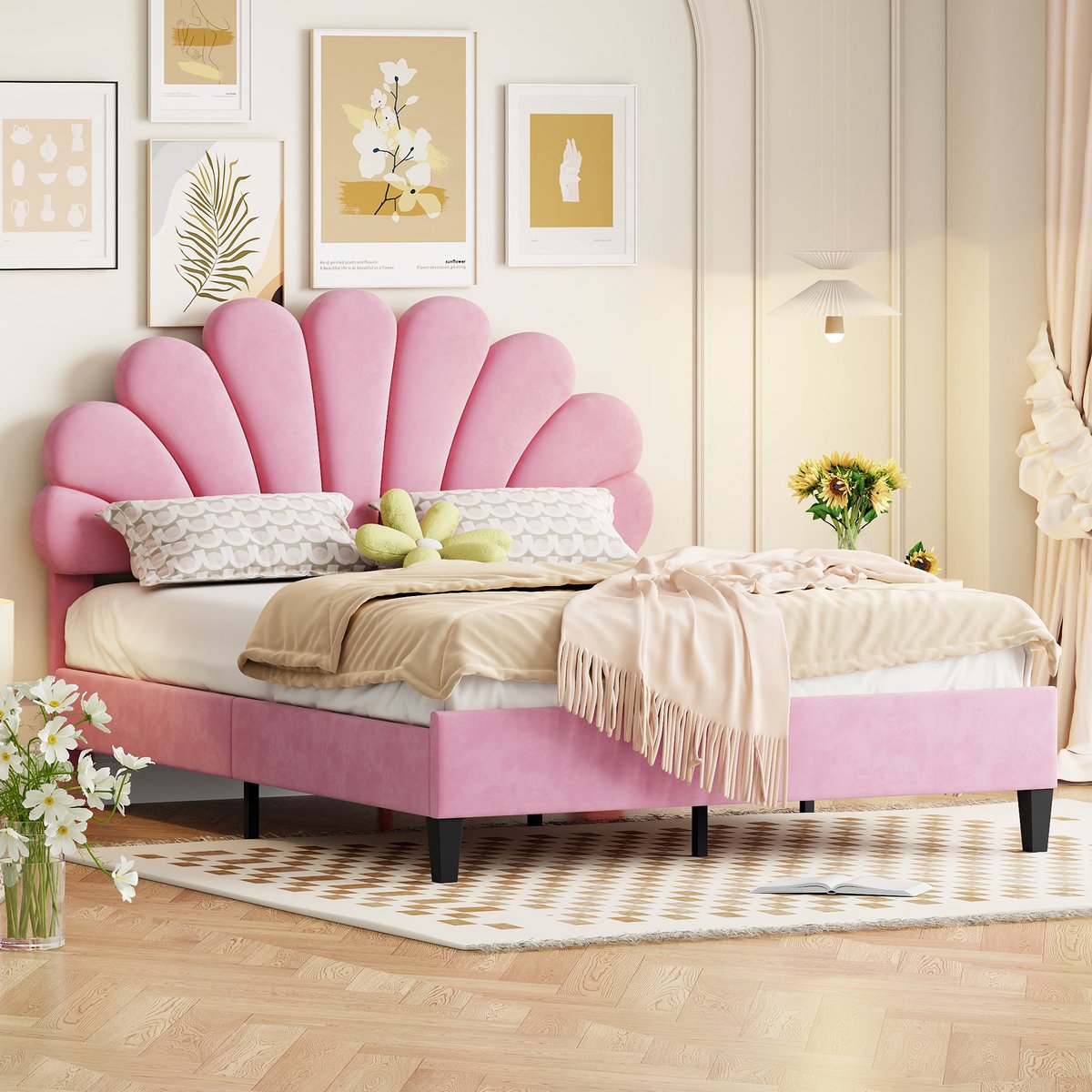AURA LUMEN Gestoffeerd bed-Twijfelaarbed-140 x 200 cm-Met hoofdbord-Gepolst in fluweel-Rosa Roze
