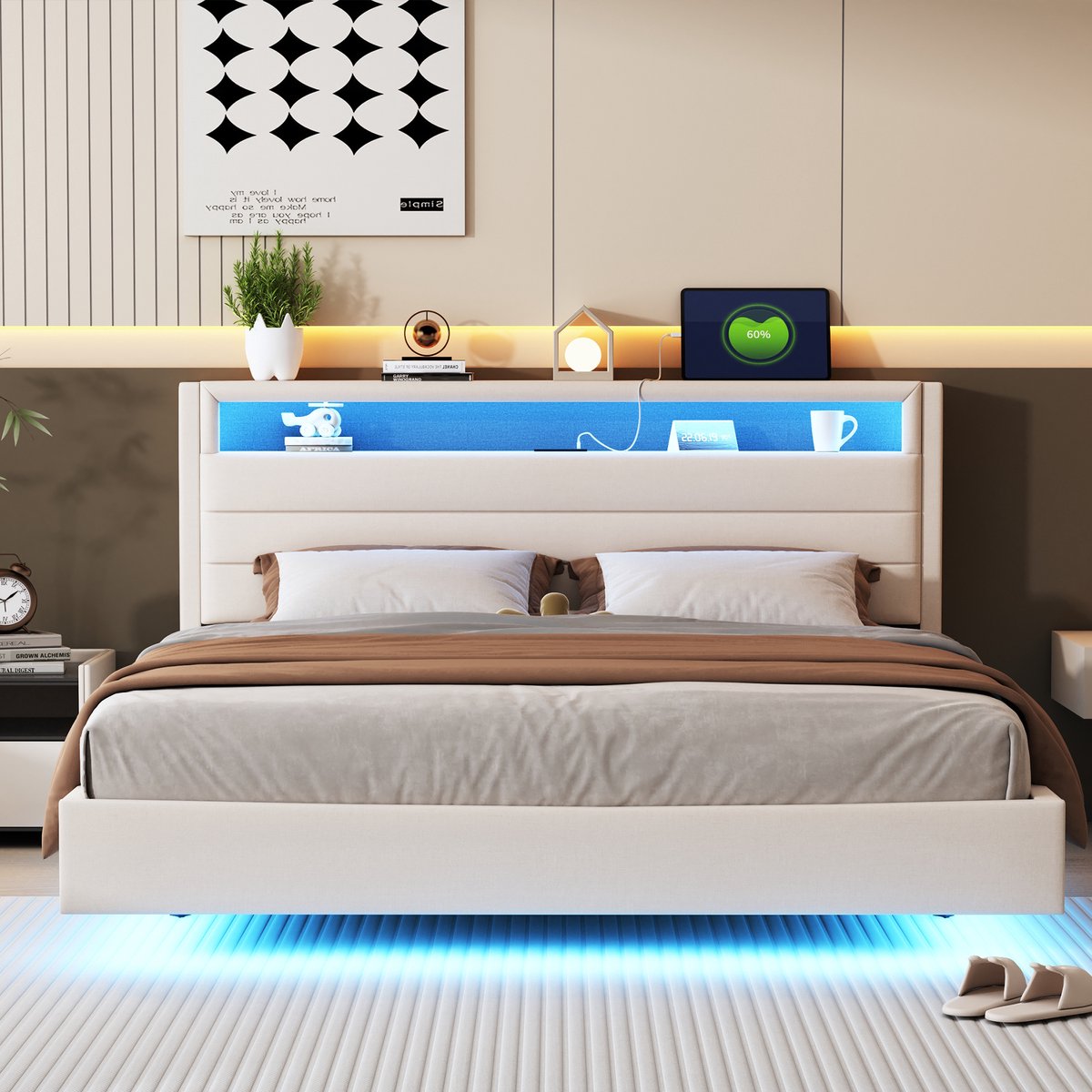 AURA LUMEN Gestoffeerd bed-Tweepersoonsbed-160 x 200 cm-Bed met LED en USB-Bed met hoofdbord-Beige-Zonder matras