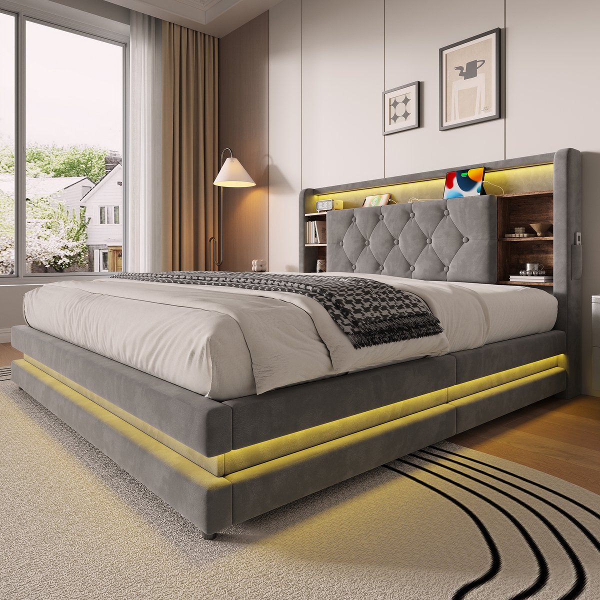 AURA LUMEN Gestoffeerd bed-Twijnfelaarbed-140x200-cm-Bed-met-opbergruimte-Hydraulisch-Bed-met-LED-en-USB-Dark-Gray Donkergrijs