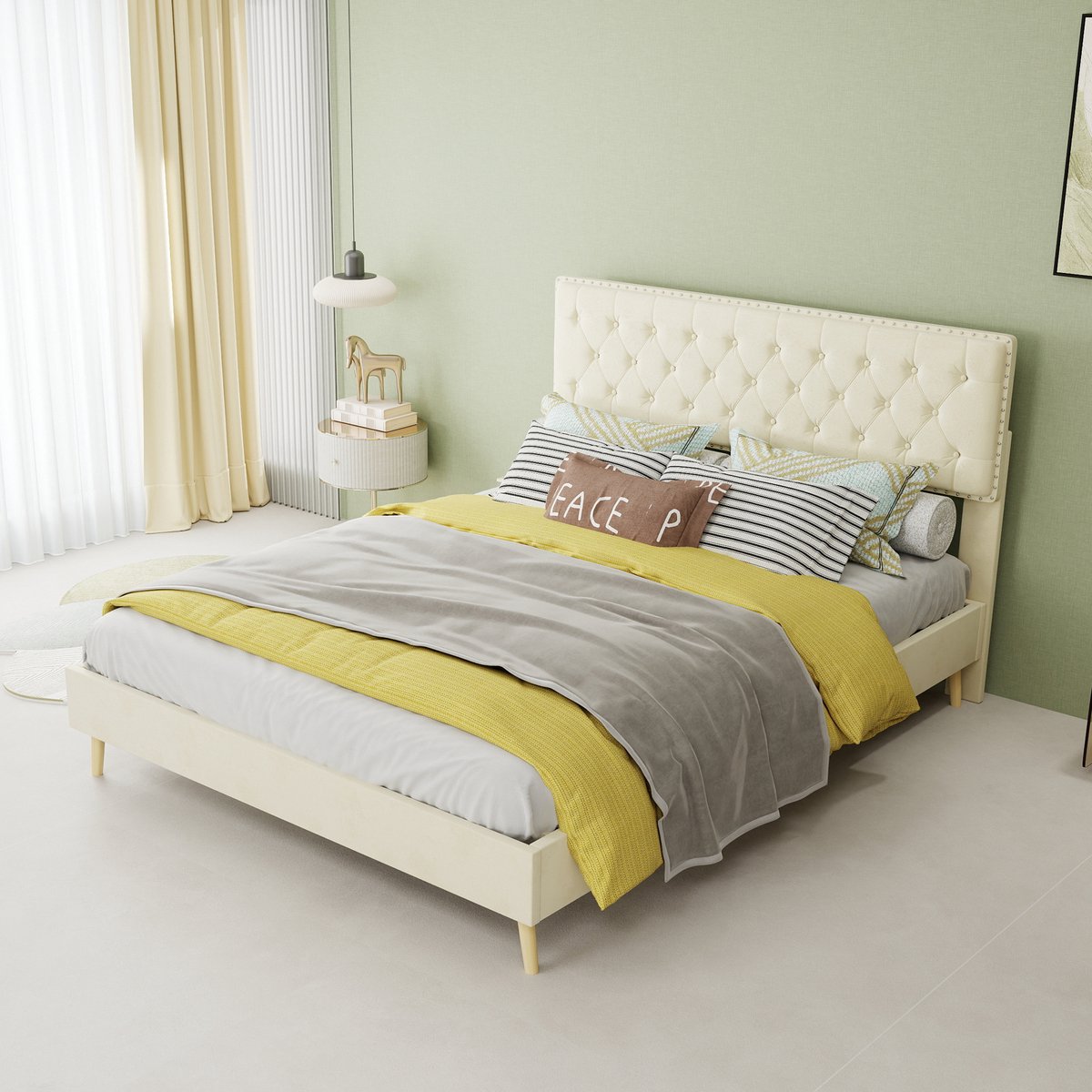 AURA LUMEN-Gestoffeerd bed-Twijnfelaarbed-140 x 200 cm-Zacht hoofdbord-Met opbergruimte-Beige