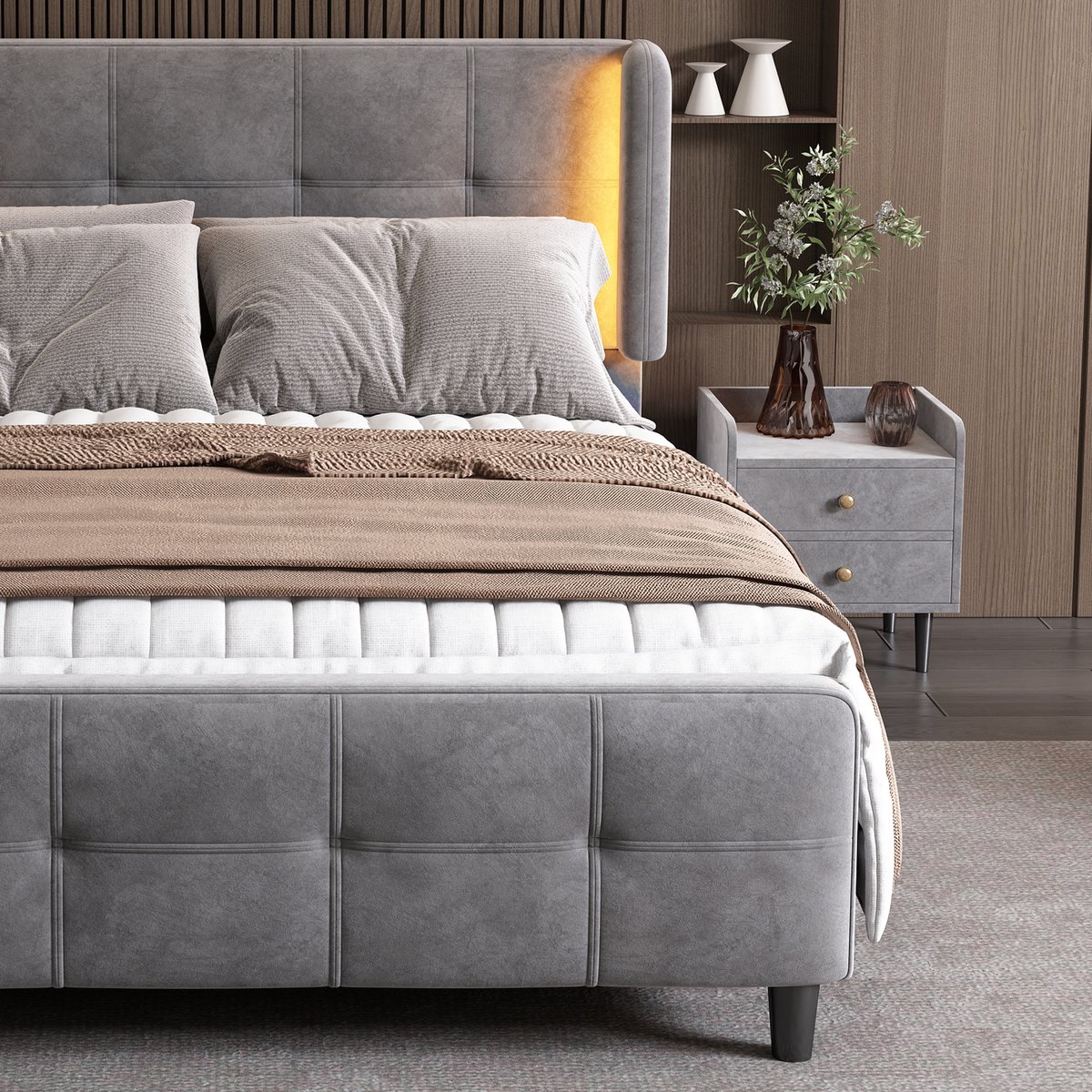 AURA LUMEN Gestoffeerd bed-Twijfelaarbed-140x200 cm-LED met 16 kleuren-Bed met hoofdbord-Grijs