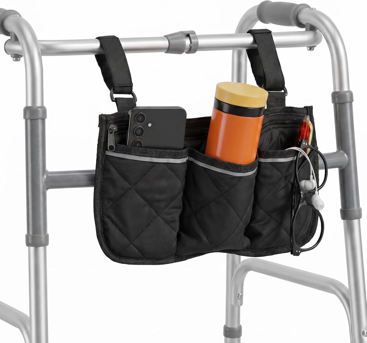 Rollatortas met vakken - Rolstoeltas voor armleuning - Opbergtas met rits - Organizer voor mobiliteitshulp - Reflecterende veiligheidsstrepen - Verstelbare riemen - Waterafstotend Oxford - Zwart