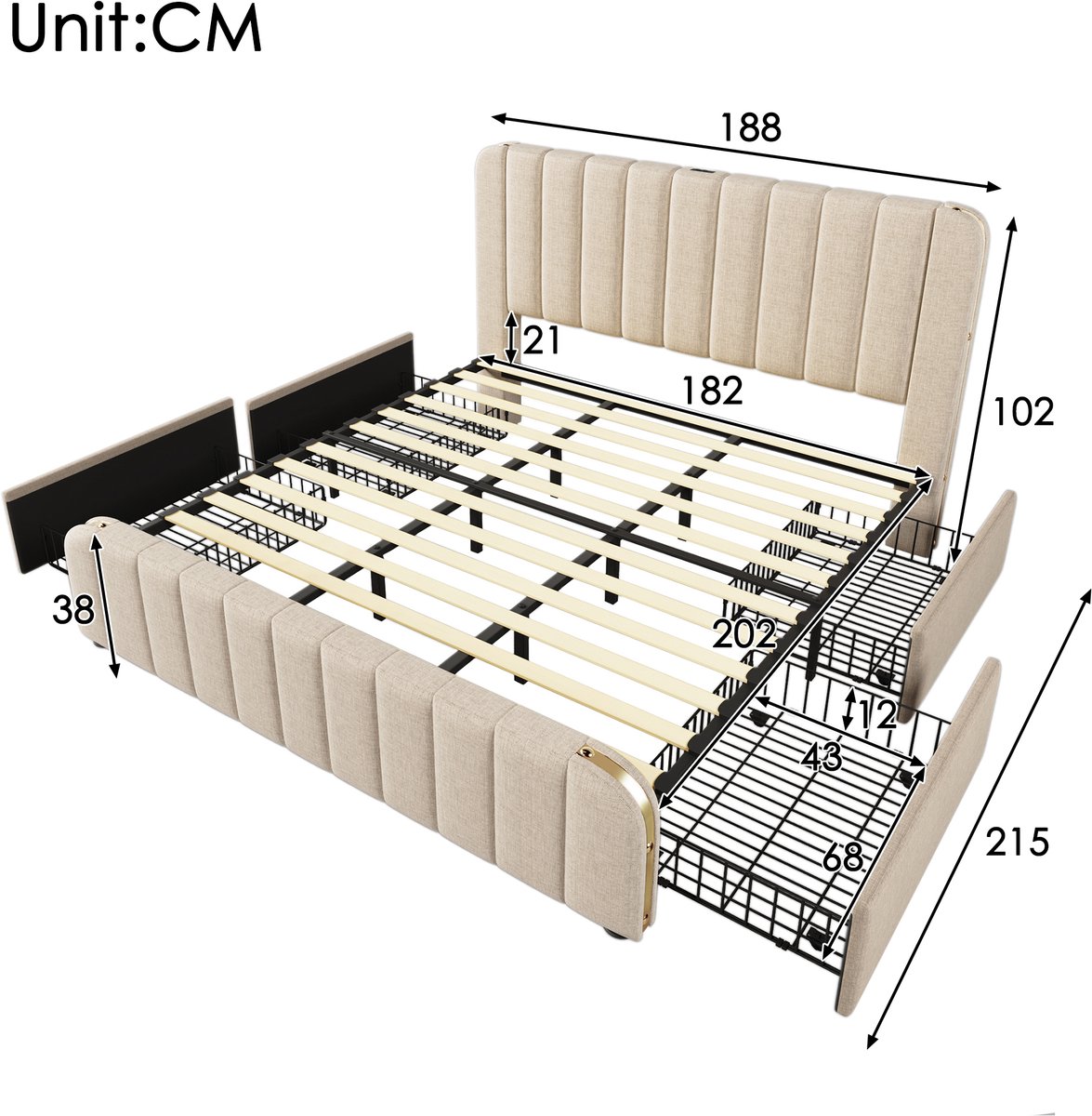 AURA LUMEN Gestoffeerd bed-Tweepersoonsbed-180x200 cm-Bed met opbergruimte-Bed met LED en USB-Beige