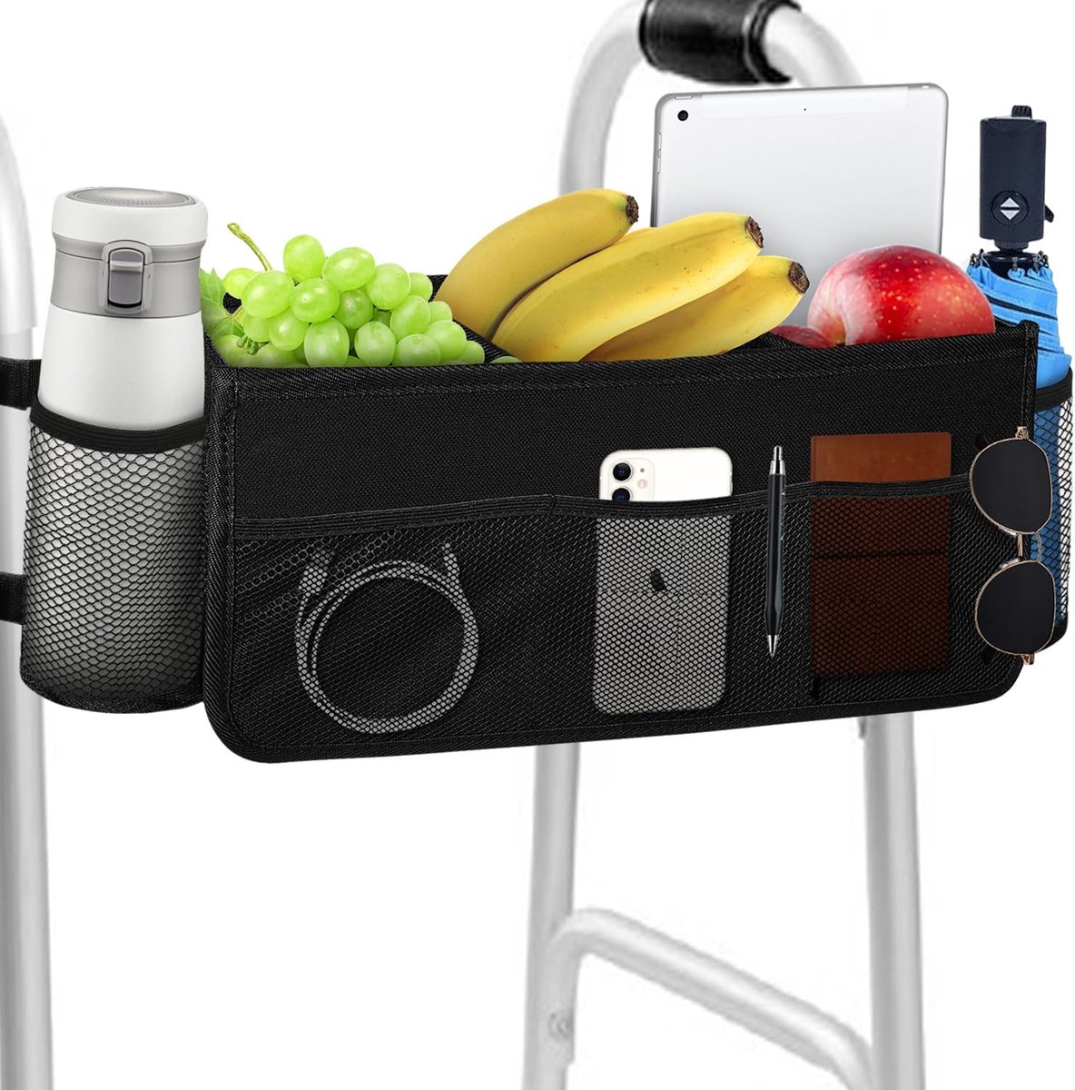 Rollatortas met bekerhouder - Organizer voor rollator - Opbergtas met zijvakken - Wandelhulp tas - Zes verstelbare riemen - Waterdicht Oxford nylon - Afneembare scheidingswanden - Zwart - 41×16,5×19 cm