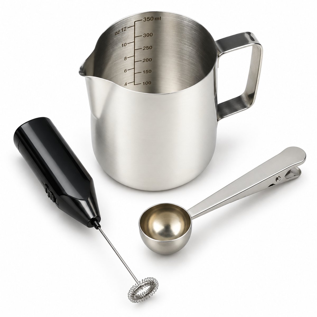 Koffieset 3-delig - RVS melkkan 350 ml - Melkopschuimer - Koffiemaatlepel met sluitclip