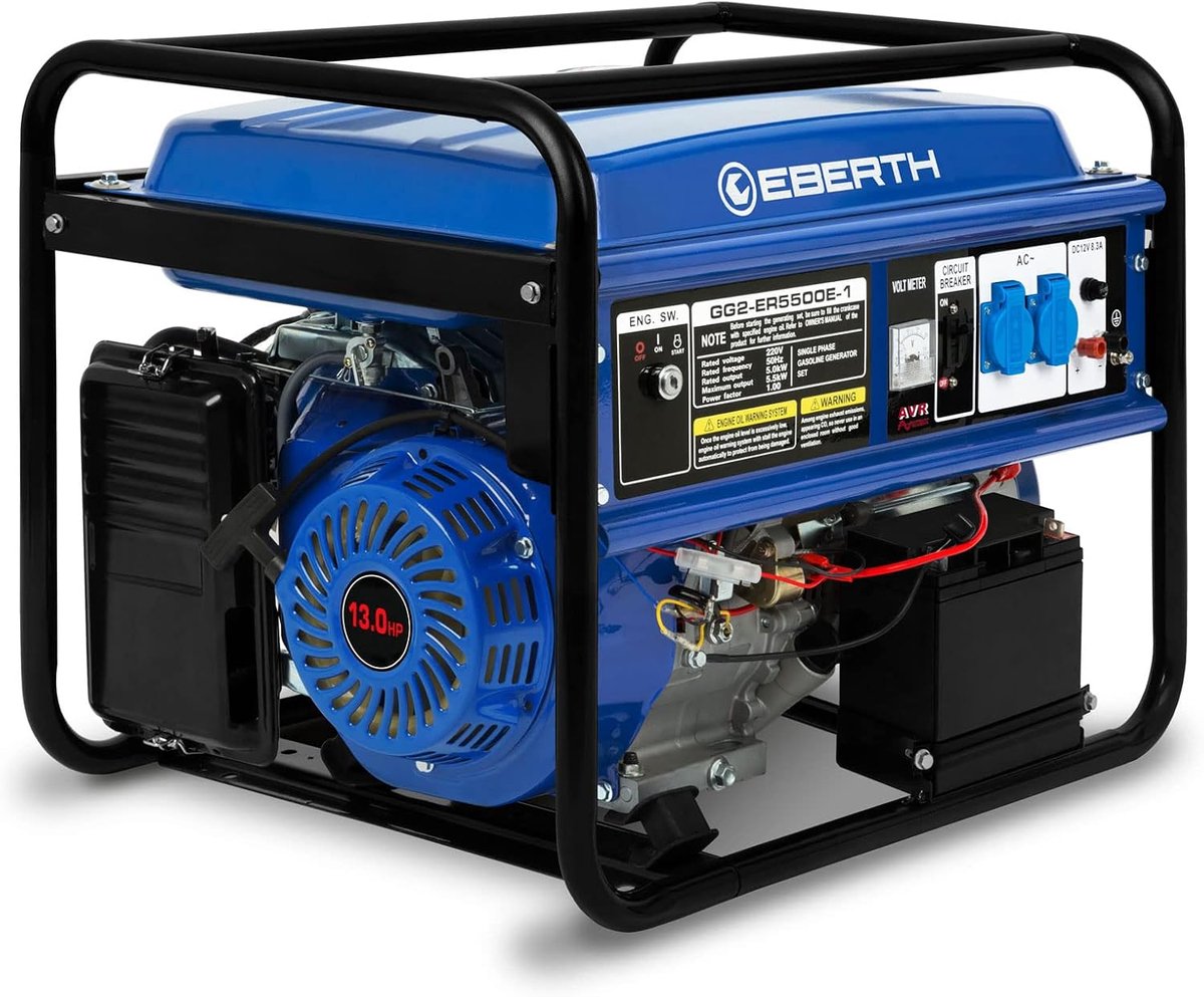 Generator - 68L x 52W x 54H cm, 5500 Watt, benzine, elektrische start, automatische spanningsregeling, 13 PK motor, luchtgekoeld, 25 liter tank, voltmeter, laag olie bescherming, 1-fase of 3-fase, bla