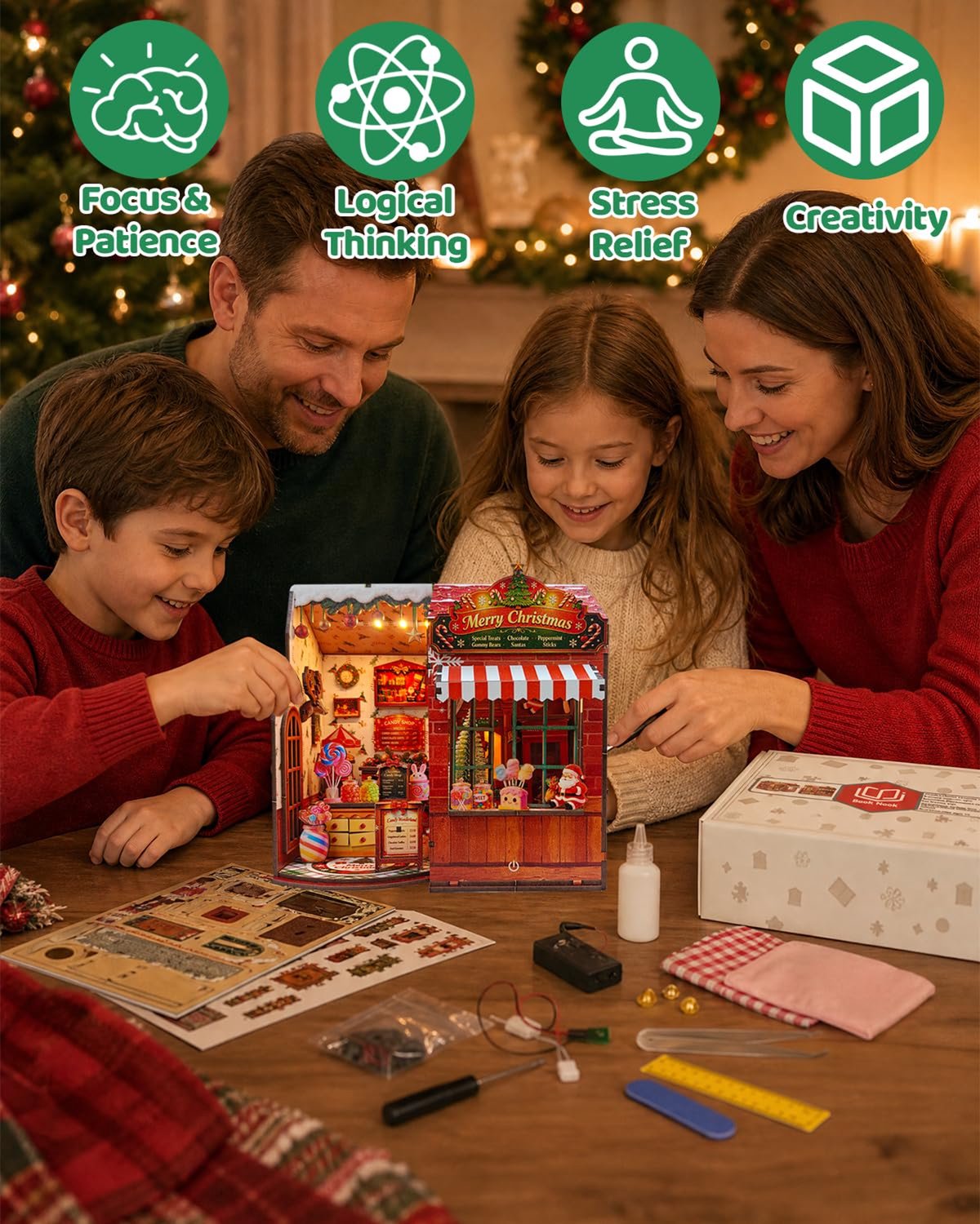 Namajunas - DIY Miniatuur Kerst Snoepwinkel - Houten Bouwpakket met LED Touchlamp - 3D Houten Puzzel, Kerstdecoratie, Cadeau voor Volwassenen en Jongeren - Hobby - Tafel en Boekenplank Decor - Modelbouw - Miniatuur - Knutselen – foto 5