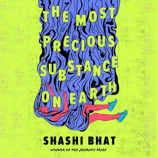 Boekomslag 'The Most Precious Substance on Earth' met een figuur die onder een paarse, golvende substantie ligt op een limegroene achtergrond.