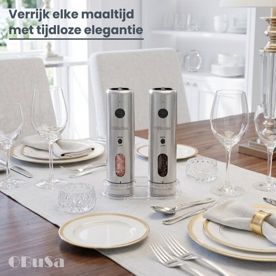 OBUSA - Hoogwaardige Elektrische Peper- en Zoutmolen Set - Keramisch Maalwerk - Instelbare Maalgraad en Snelheid - USB C Oplaadbaar - Antivingerafdruk RVS - Gemakkelijk bij te Vullen - Inhoud 110 ml — cadeau in Kookcadeaus - foto 7