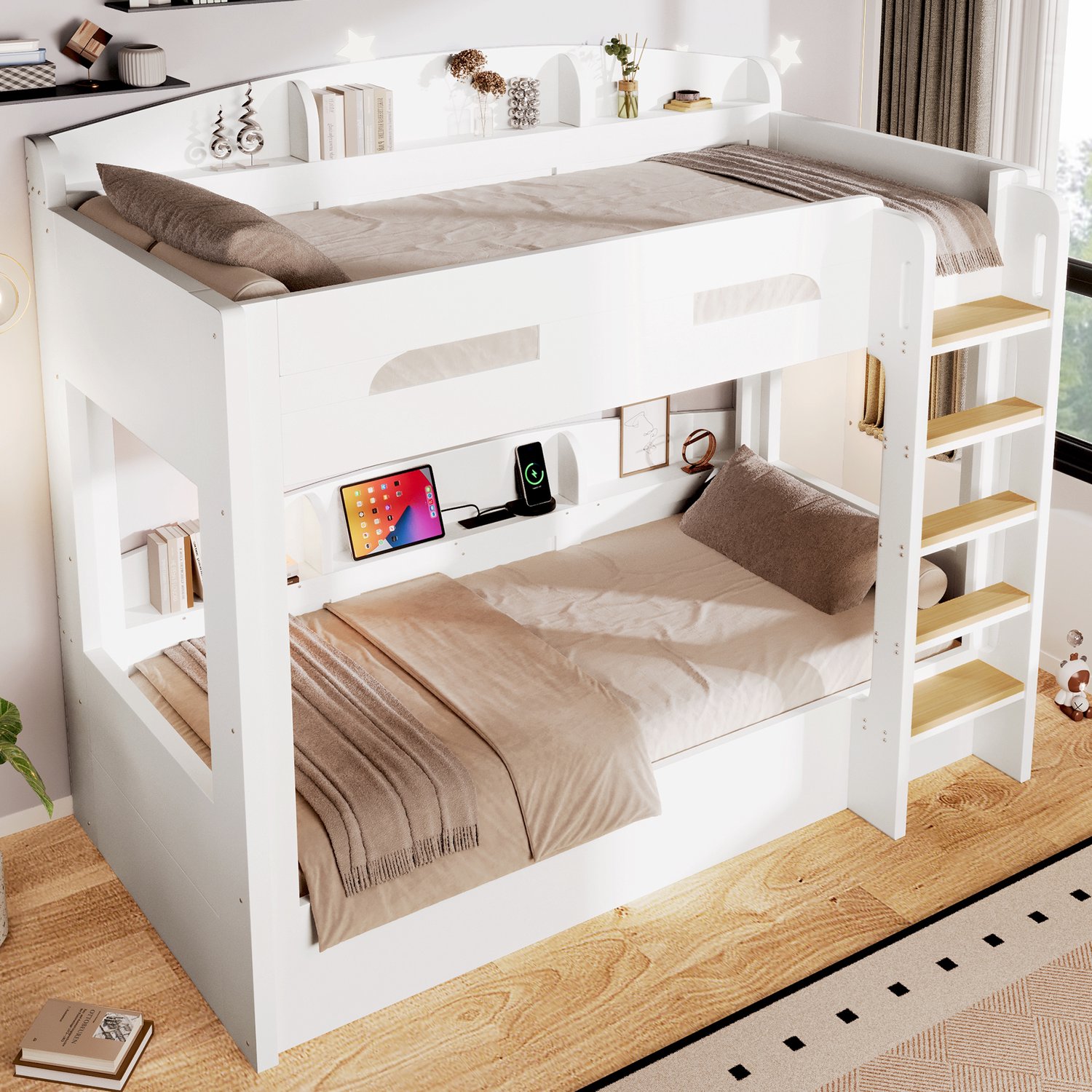MUVANO Hoogslaper met onderschuifbed - Ruimtebesparend stapelbed - USB-aansluiting - Bed 90x200 cm - Opbergplanken - MDF en grenen - Kinderkamer - Wit