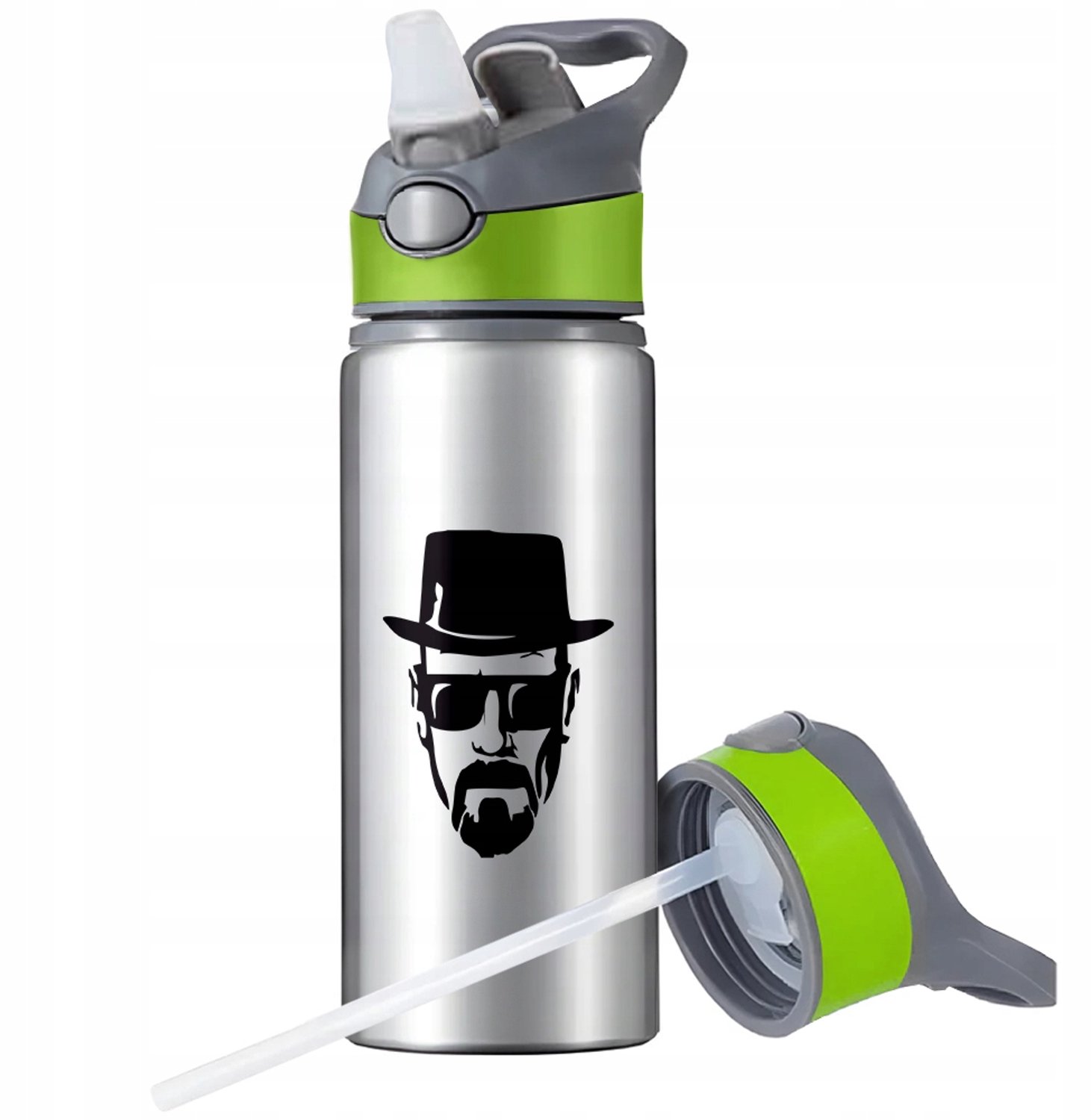 Aluminium Sport Bidon 650ml met Rietje en Handvat - Zilver