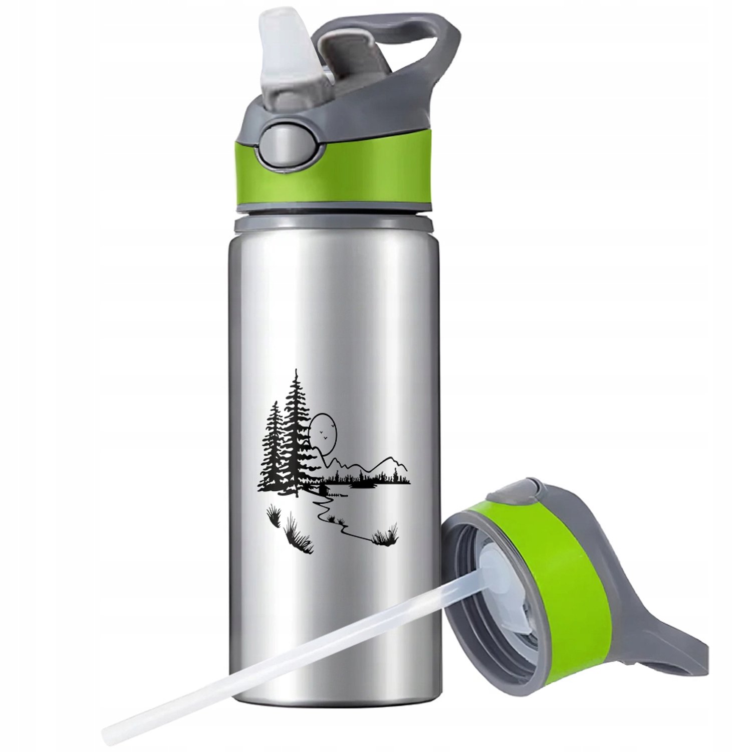 Aluminium Sport Bidon 650ml met Rietje en Handvat - Zilver